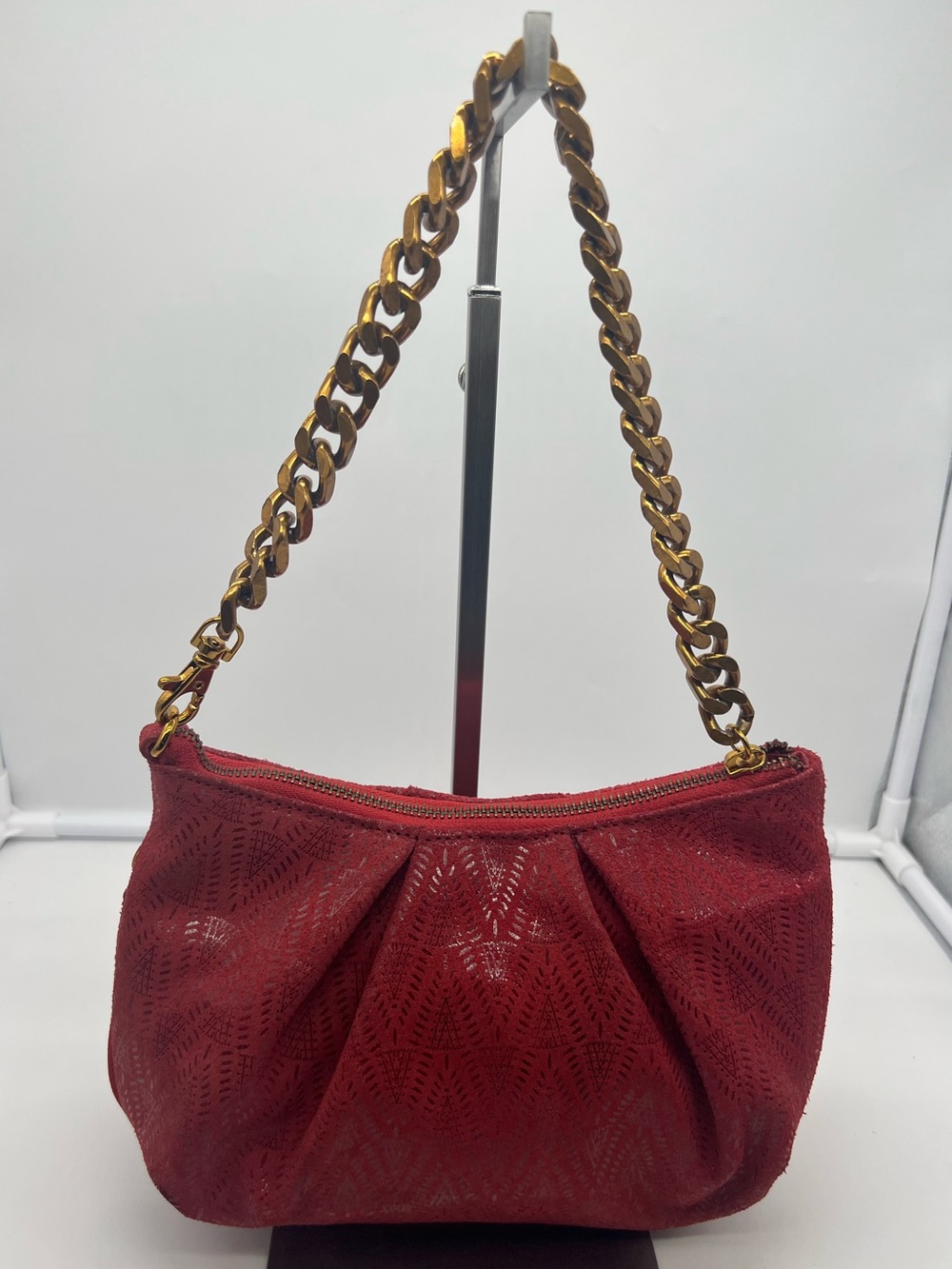 NEW SHARIF 1827 NEW YORK Red Textured Leather Chain MiniHobo Shoulder Bag Clutch